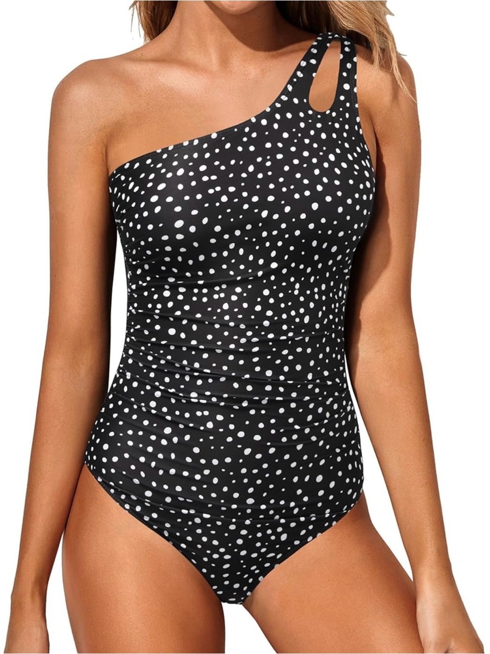 Holipick Women’s One Piece One Shoulder Black w/ Polka Dot Swimsuit Sz Large NWT